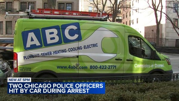 Two Chicago Police Officers Injured After Being Struck by Getaway Car During the Arrest of Burglary Suspect in Streeterville (Photo from: ABC7 Chicago)