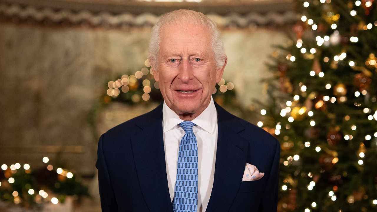 Britain's King Charles III speaks during the recording of his Christmas message at the Fitzrovia Chapel in central London, England.