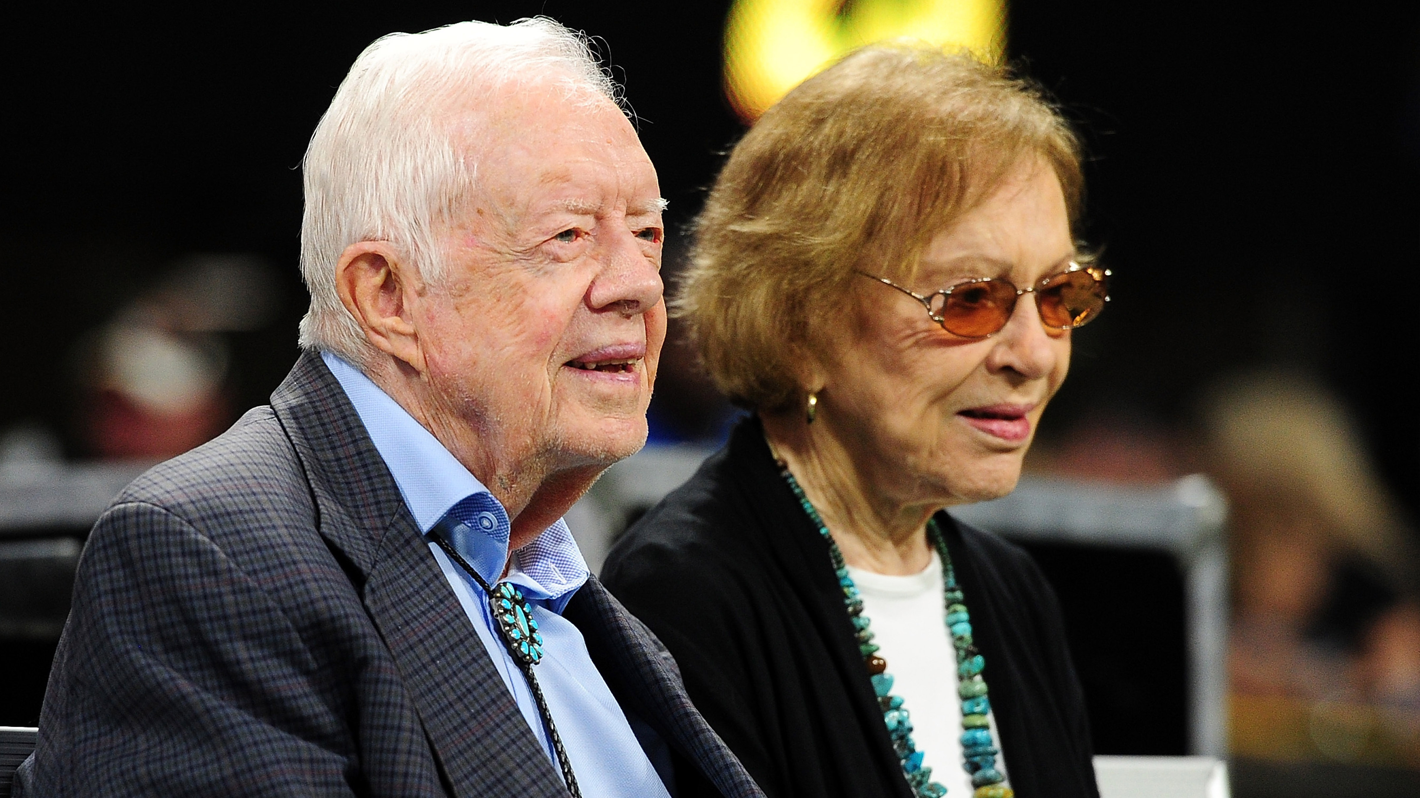 Former president Jimmy Carter and his wife Rosalynn prior to a game at Mercedes-Benz Stadium, Sept. 30, 2018 in Atlanta.