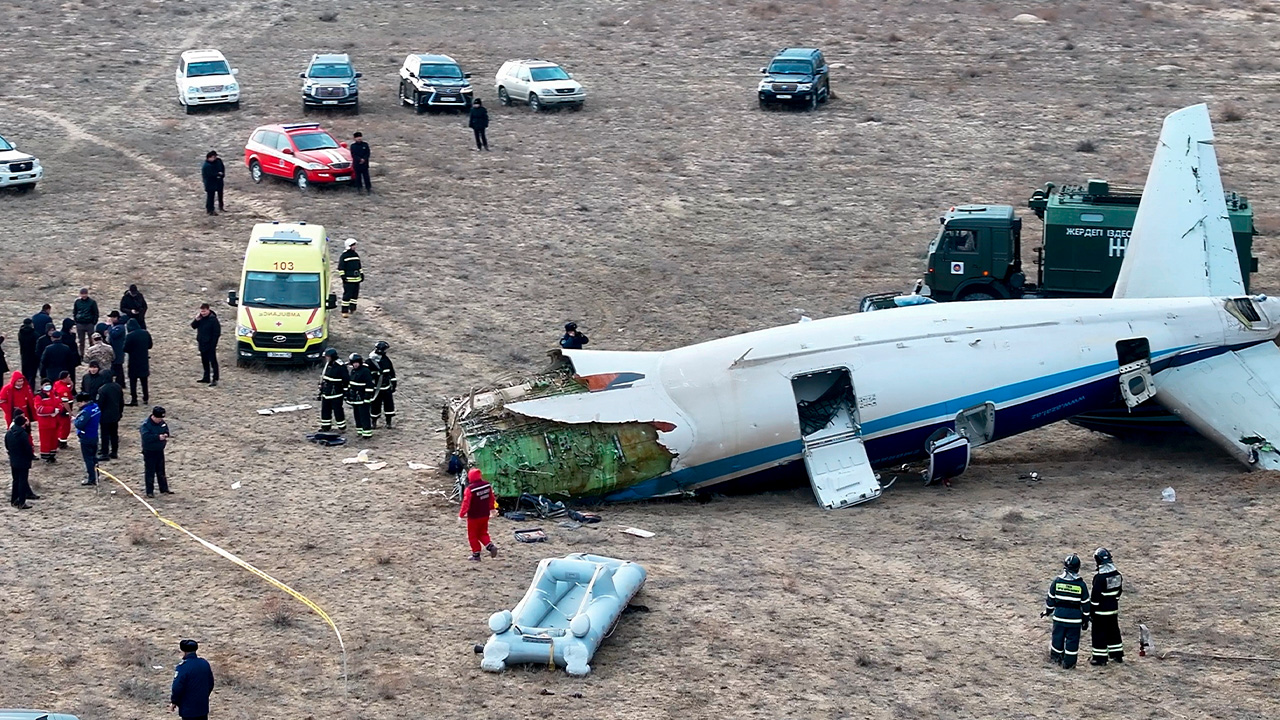 The wreckage of Azerbaijan Airlines Embraer 190 lays on the ground near the airport of Aktau, Kazakhstan, Wednesday, Dec. 25, 2024.