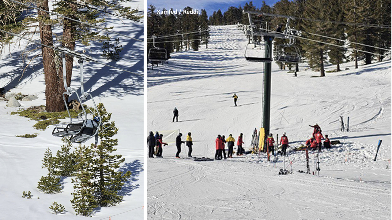 Split image show an incident after several skiers fell off a chairlift at Comet Express at Heavenly Mountain Resort in Lake Tahoe, Calif. on Monday, Dec. 23, 2024.