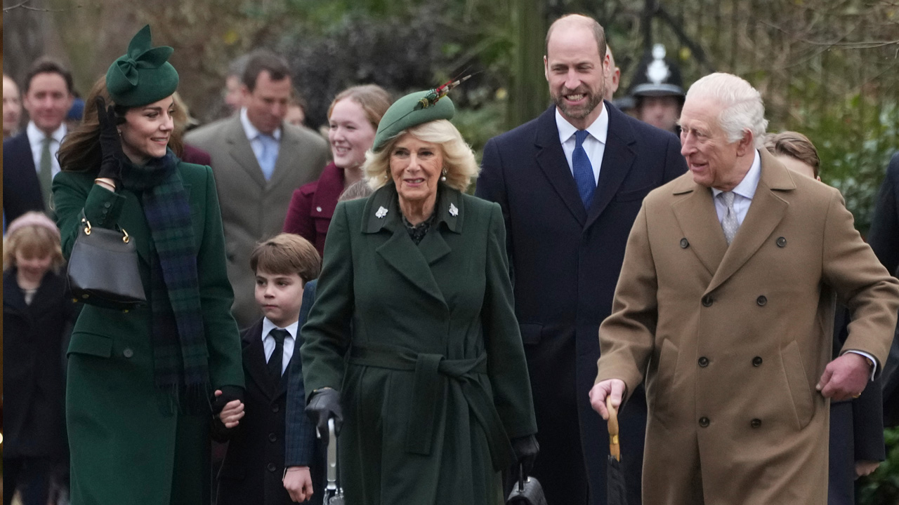 King Charles III with Queen Camilla and Kate Princess of Wales and Prince William walk as they go to the Christmas day service at St Mary Magdalene Church in Sandringham.